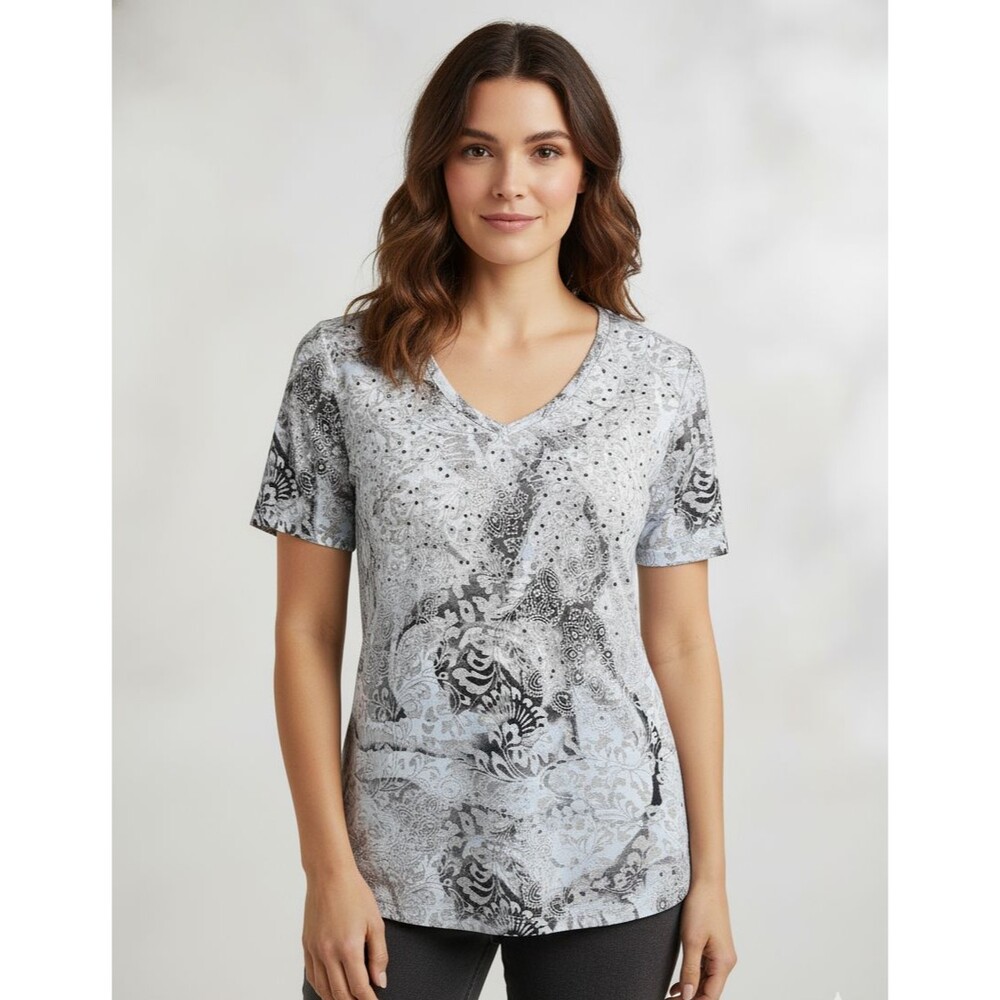 CALVIN KLEIN Sheer Rose‎ Studded V-Neck Tee T-Shirt Top Women's M SS